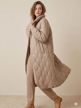 BSL BEIGE QUILTED LONG COAT WOMEN XS | LIGHTWEIGHT PADDED MIDI JACKET MINIMALIST